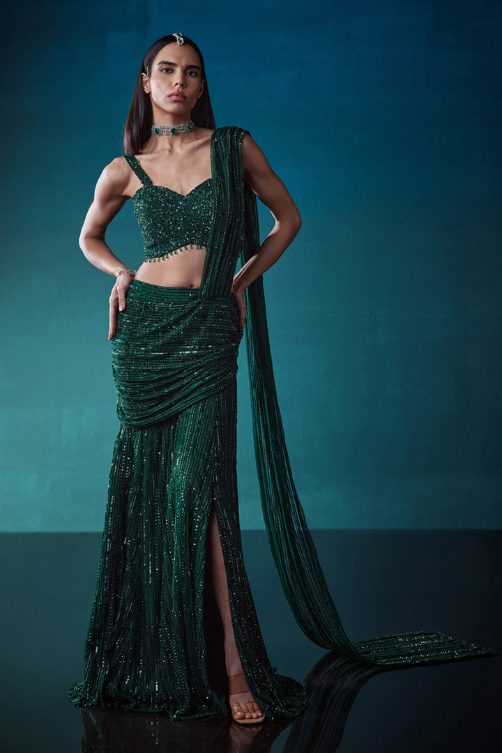 Emerald Drape Saree With a Slit Skirt