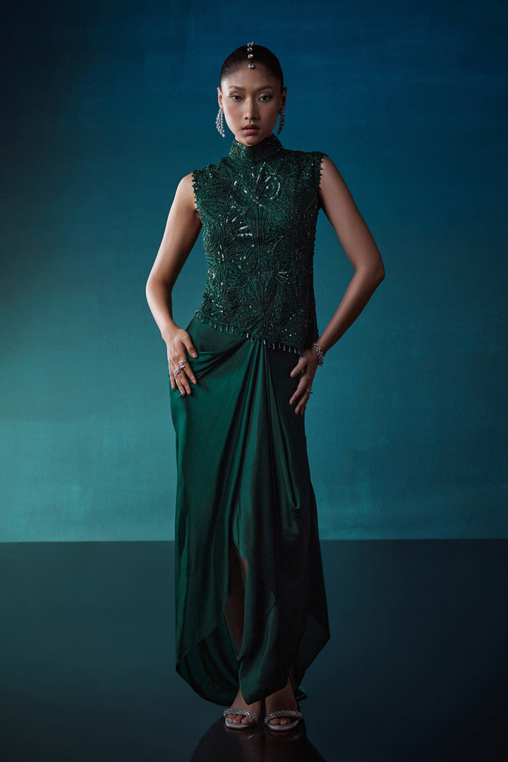 Emerald Self on Self Top With Drape Skirt