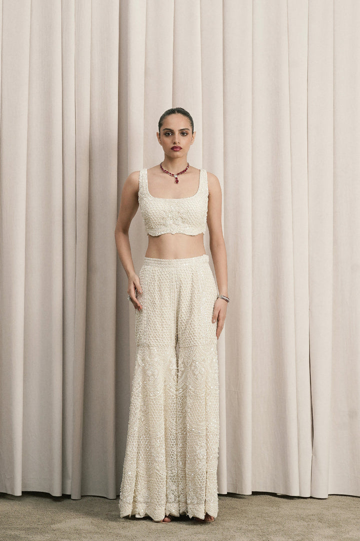 Ivory Embroidered Jacket Set With Flared Pants