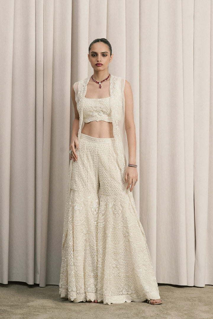 Ivory Embroidered Jacket Set With Flared Pants
