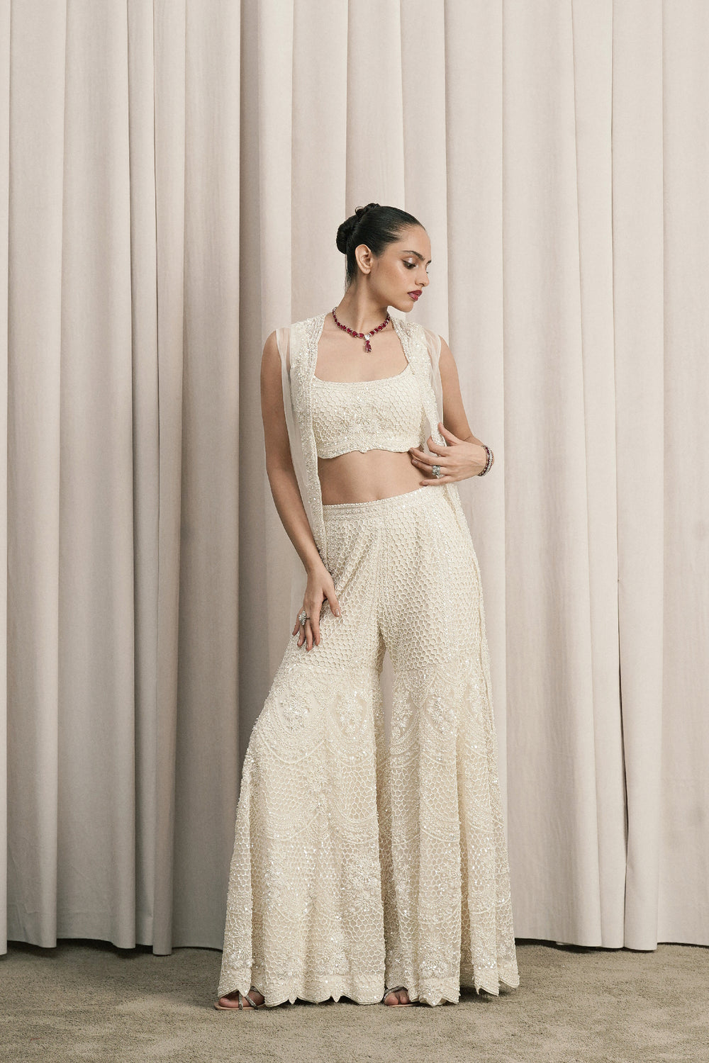 Ivory Embroidered Jacket Set With Flared Pants
