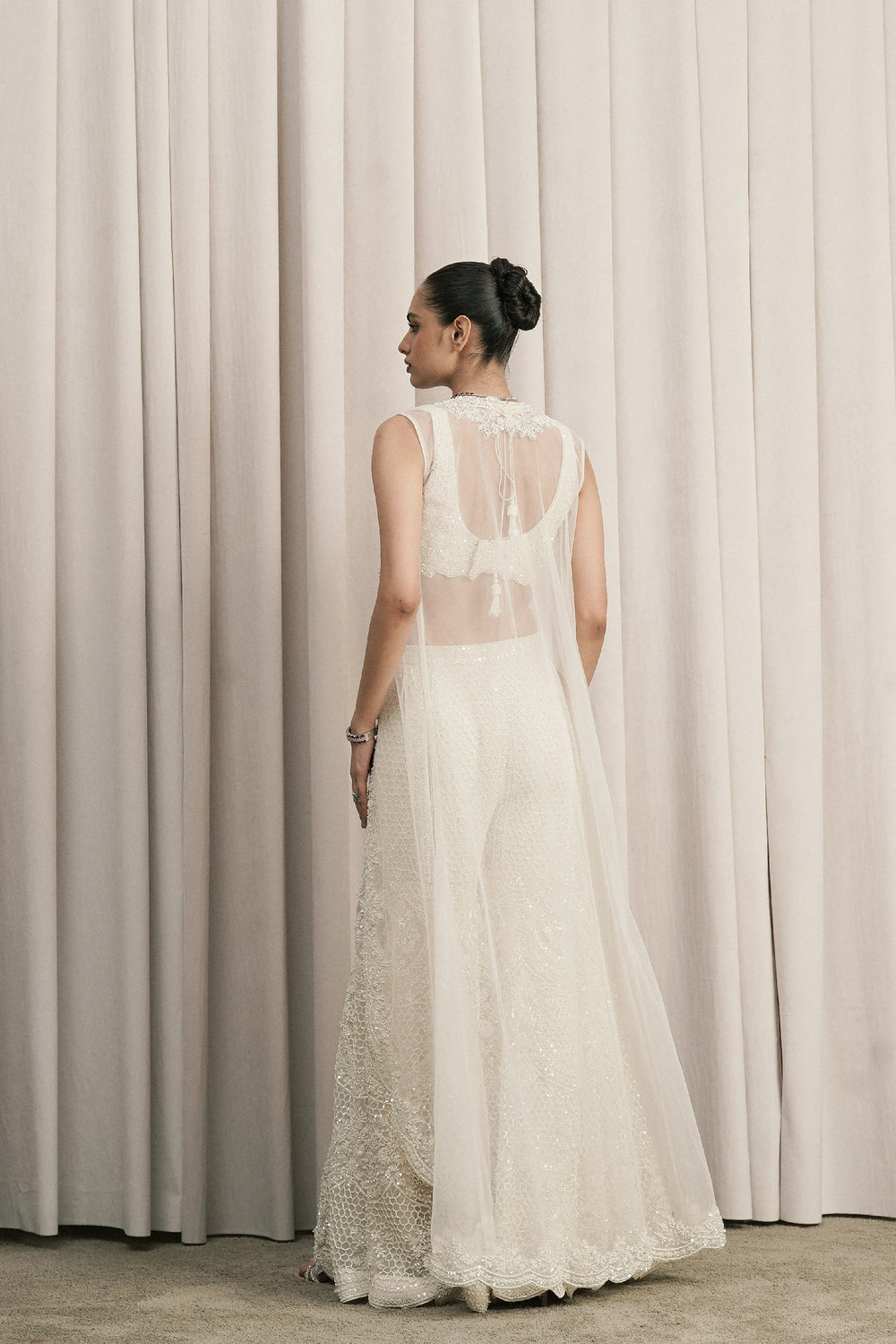 Ivory Embroidered Jacket Set With Flared Pants
