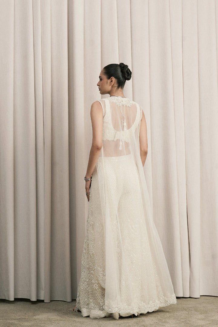 Ivory Embroidered Jacket Set With Flared Pants