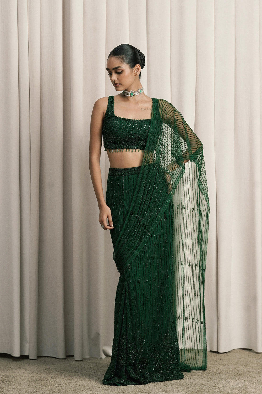 Emerald Green Embroidered Net Saree With Blouse