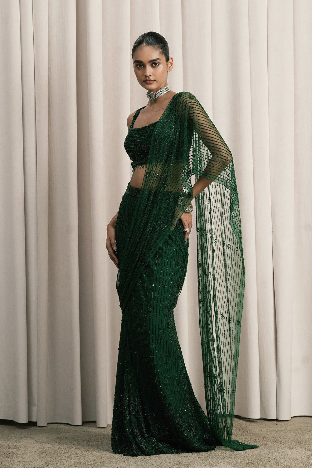 Emerald Green Embroidered Net Saree With Blouse