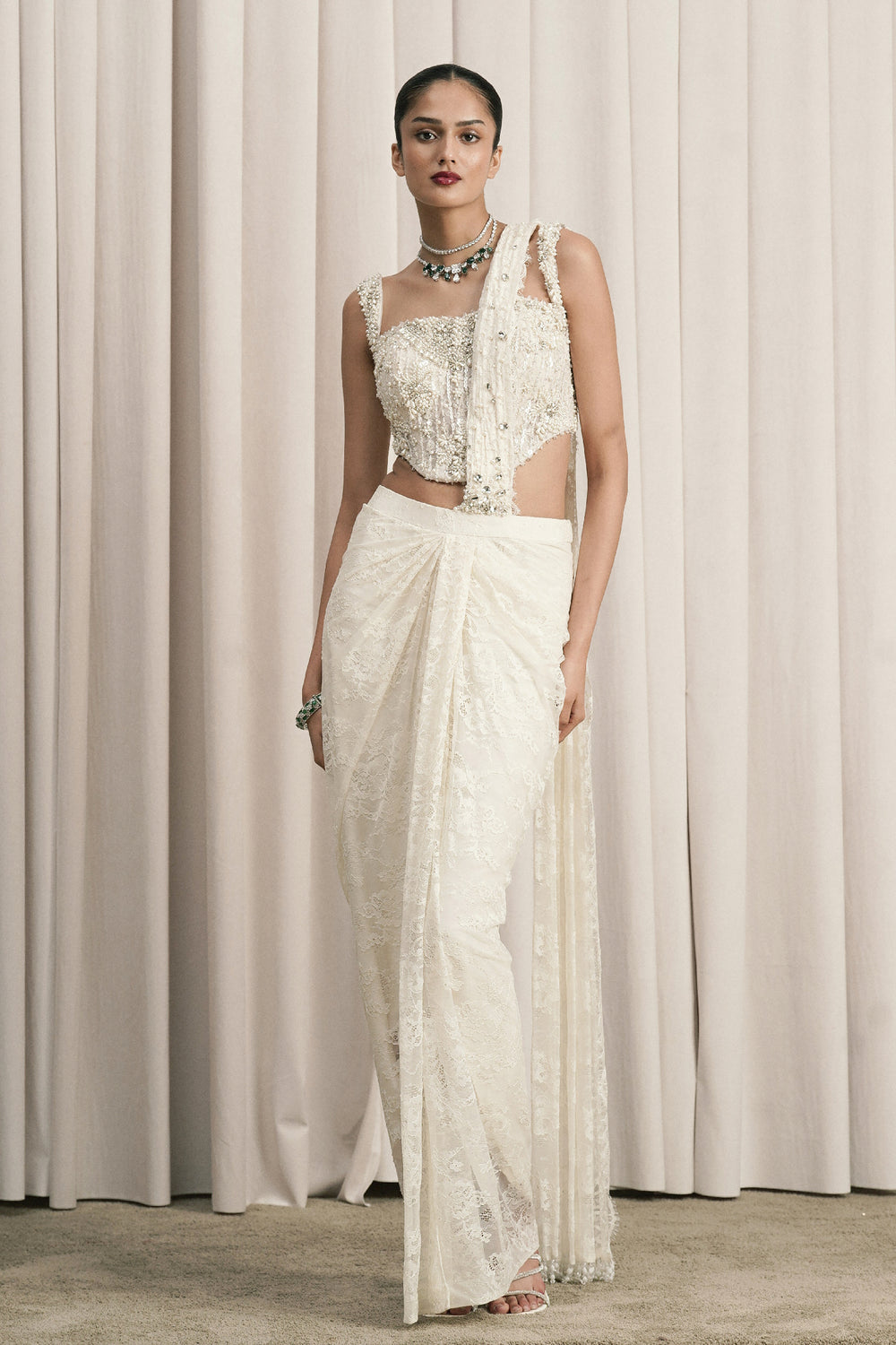 Ivory Draped Saree With Embellished Chantilly Corset