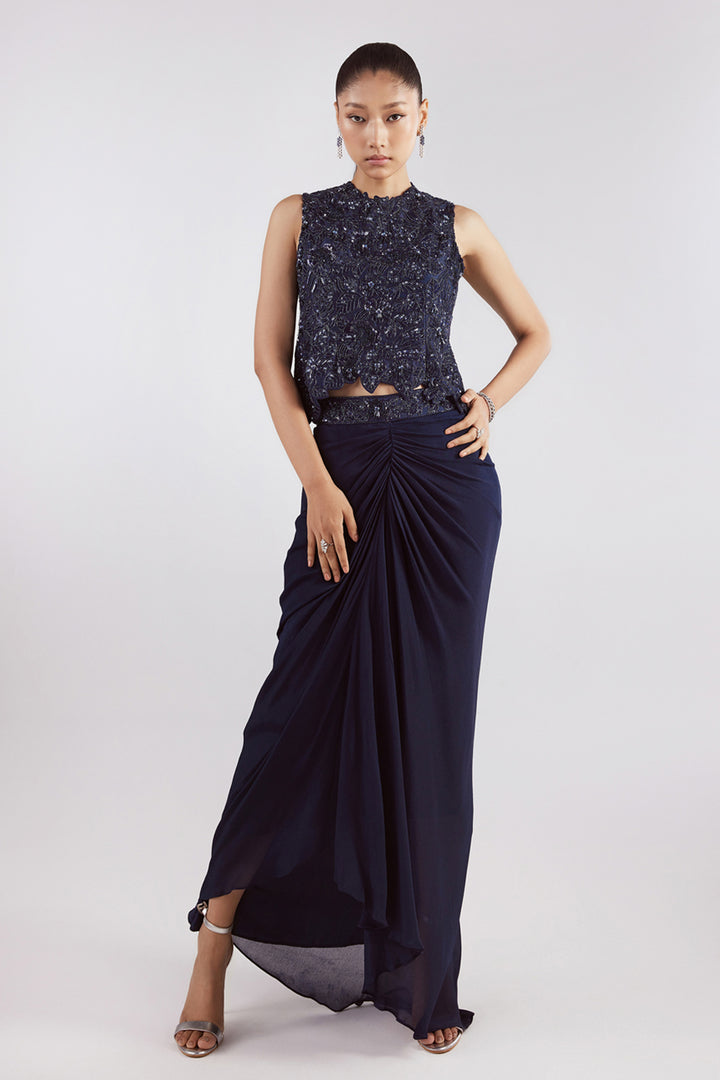 Navy Self on Self Top With Drape Skirt