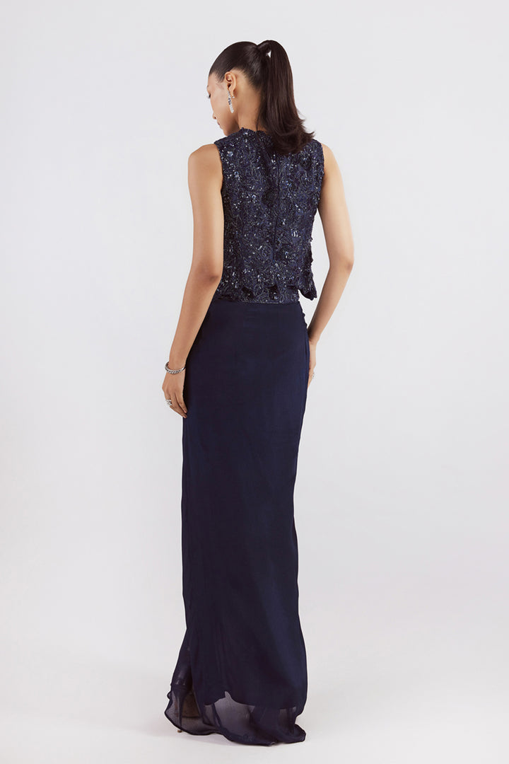 Navy Self on Self Top With Drape Skirt