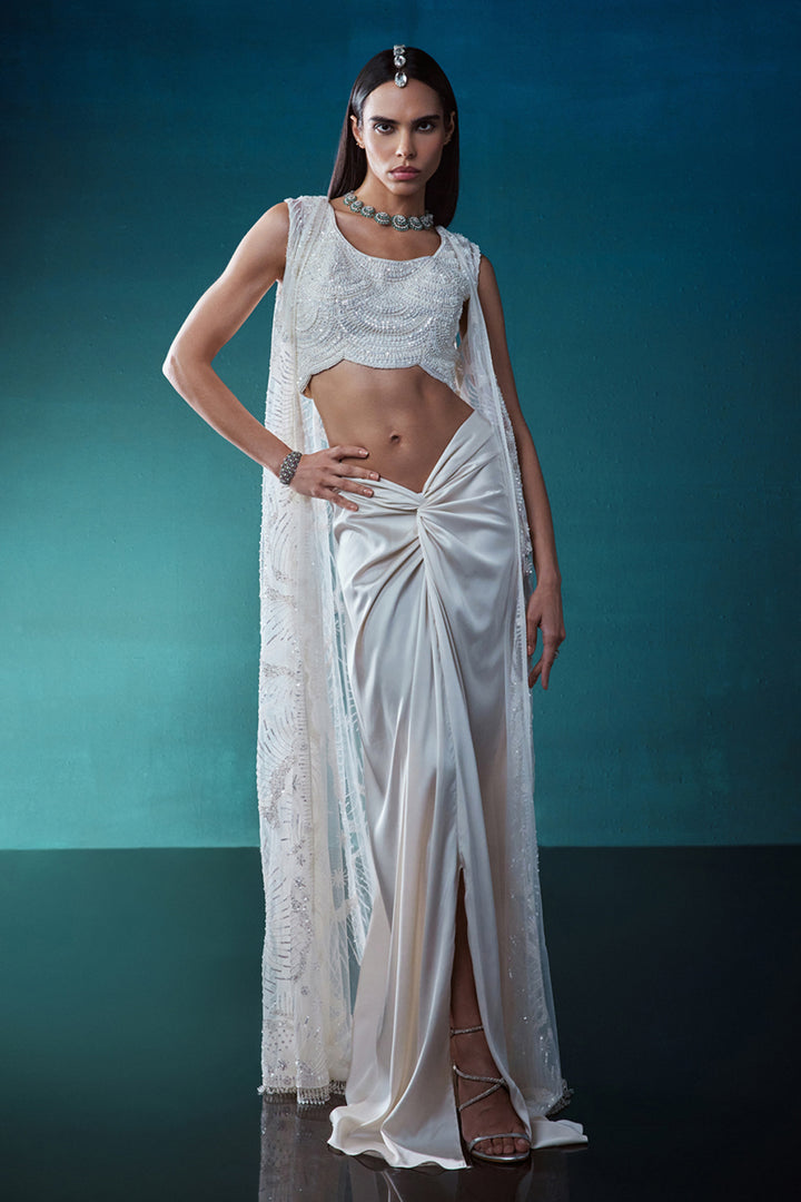 Ivory Indowestern Jacket Set With Draped Skirt