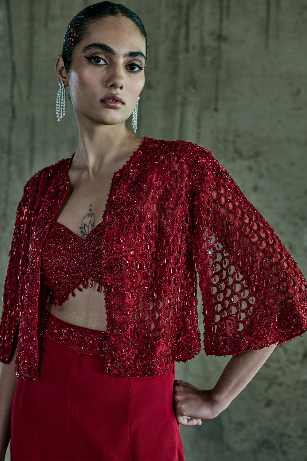 Red Organza Jacket Set