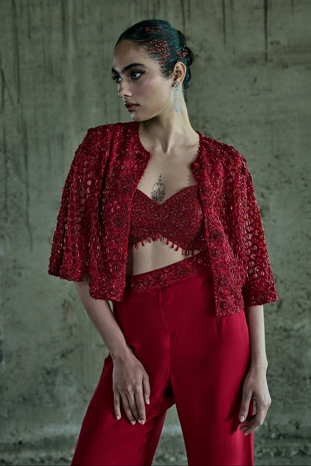 Red Organza Jacket Set