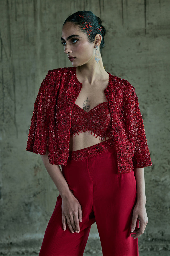 Red Organza Jacket Set