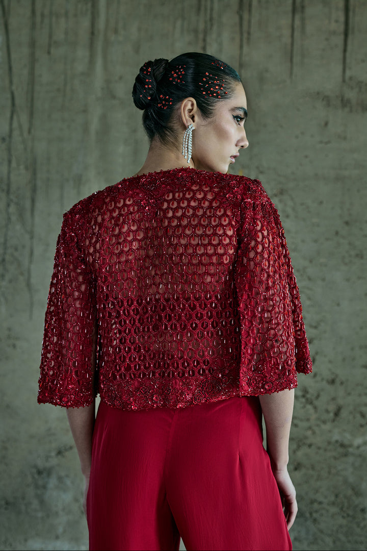 Red Organza Jacket Set