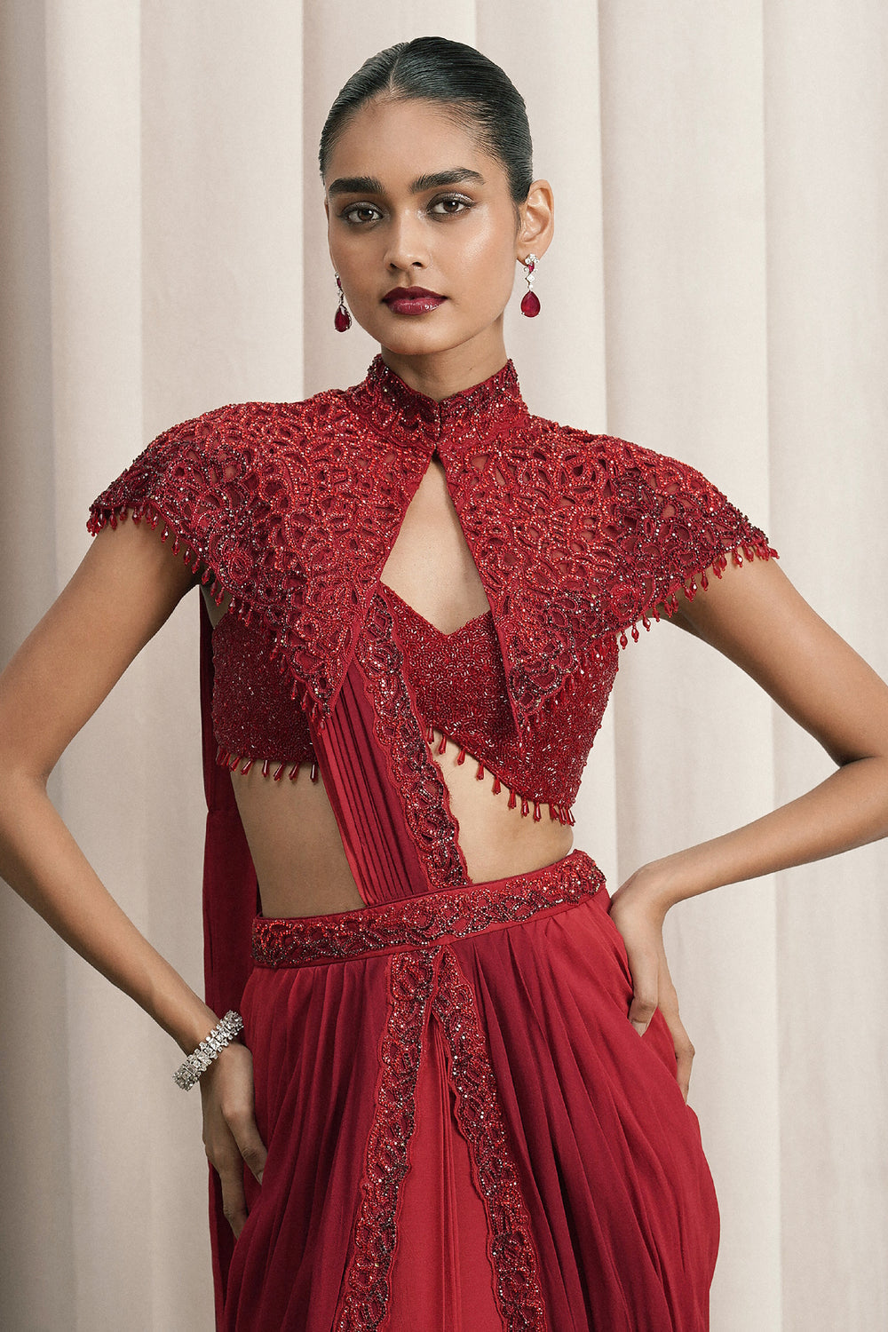 Red Draped Saree With Cape And Bustier
