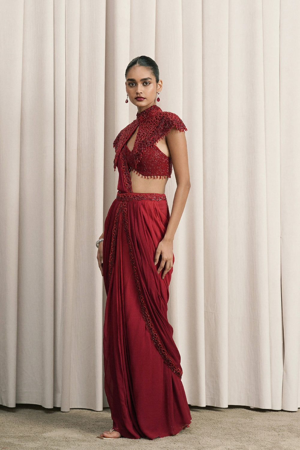 Red Draped Saree With Cape And Bustier