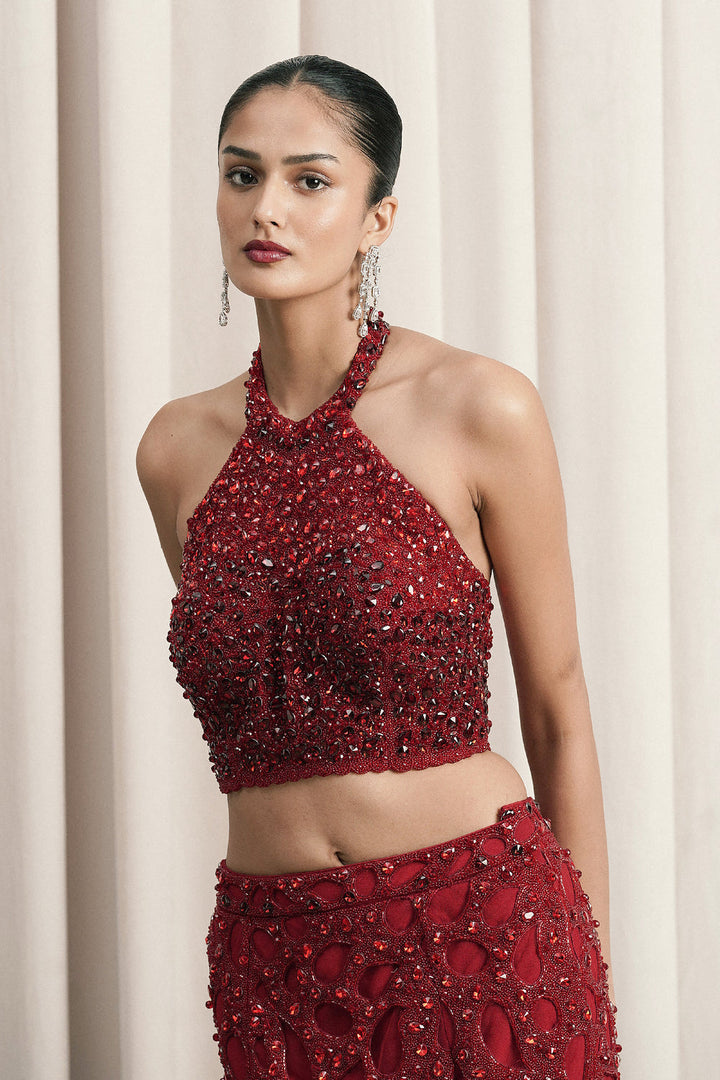 Red Halter-Neck Top With Slit Skirt