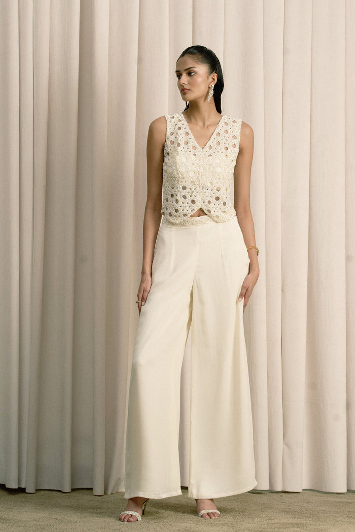 Ivory Embroidered Jacket Set With Bustier And Pants