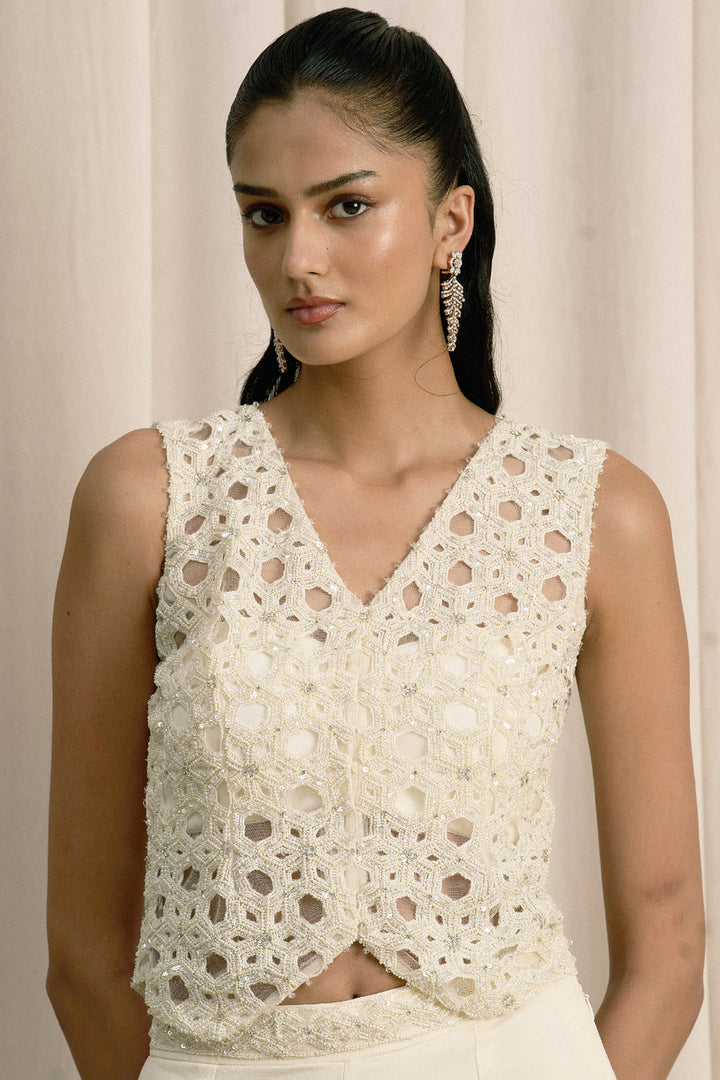 Ivory Embroidered Jacket Set With Bustier And Pants
