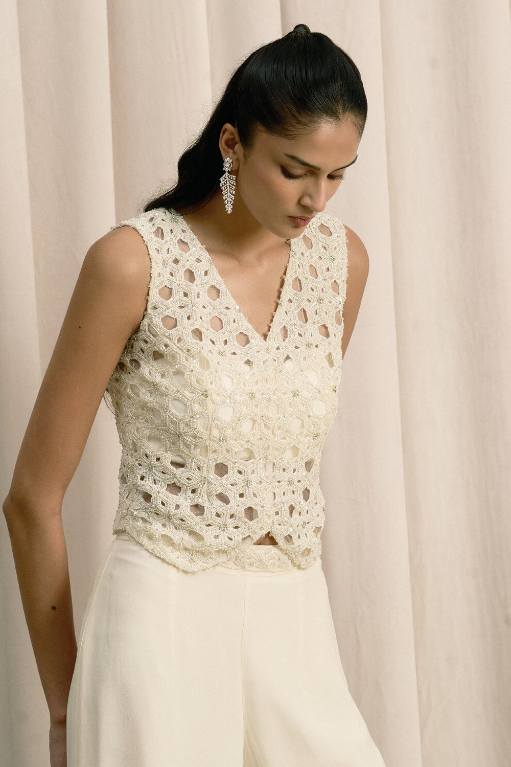 Ivory Embroidered Jacket Set With Bustier And Pants