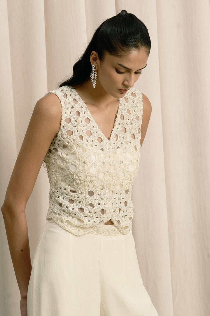 Ivory Embroidered Jacket Set With Bustier And Pants
