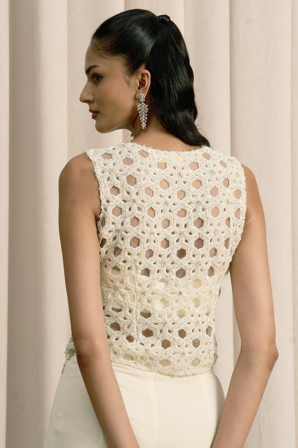 Ivory Embroidered Jacket Set With Bustier And Pants