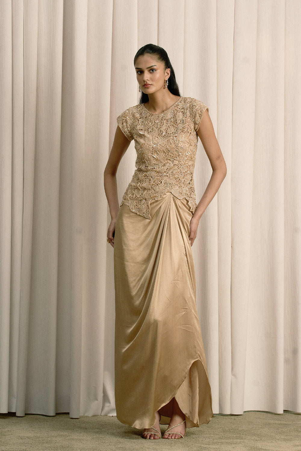 Beige Cutwork Top With Bustier And Pick-Up Skirt