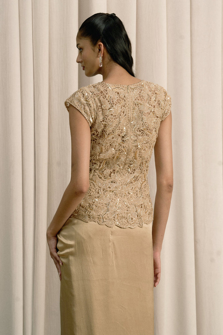 Beige Cutwork Top With Bustier And Pick-Up Skirt