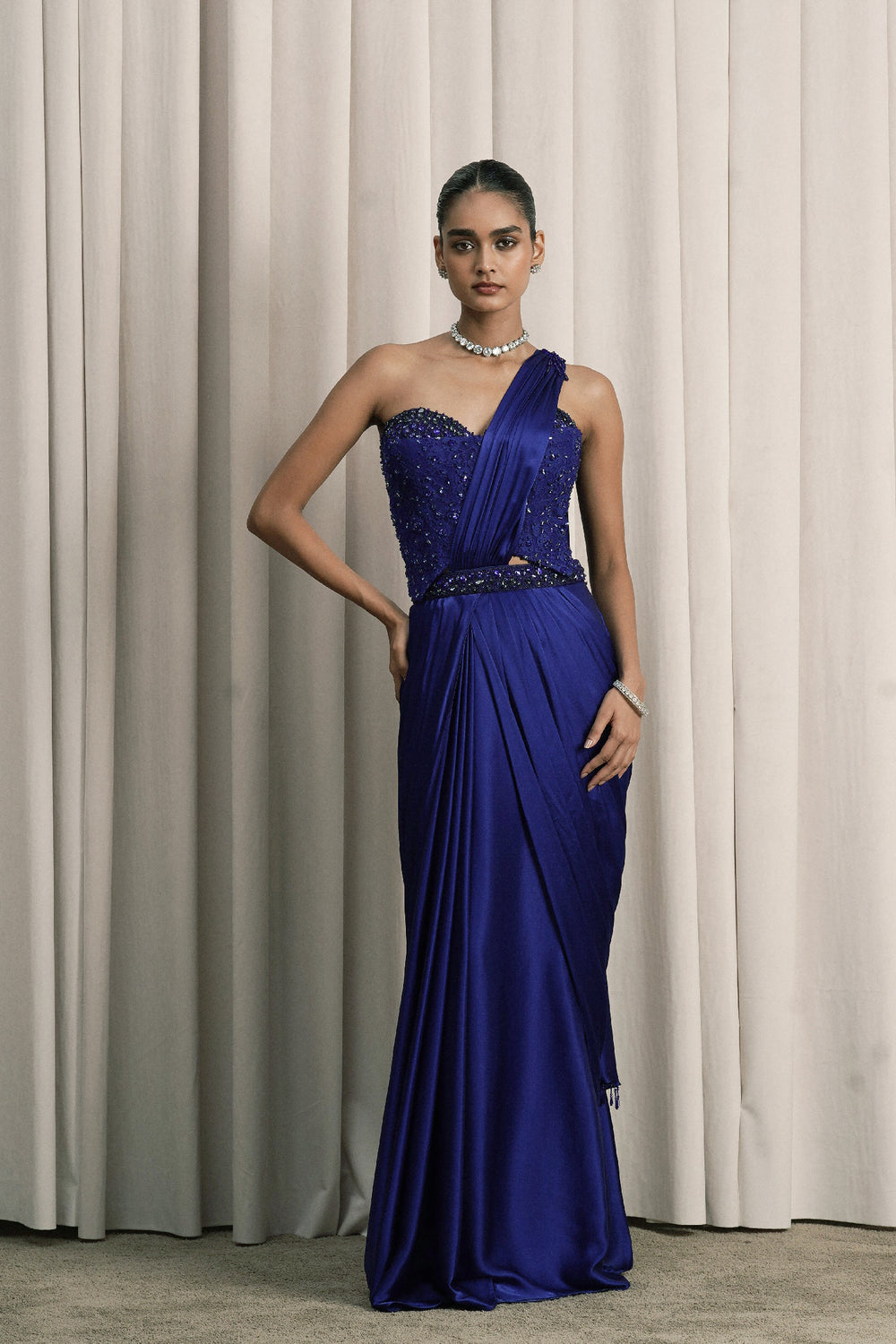 Royal Blue Pre-Draped Cocktail Saree With Chantilly Corset