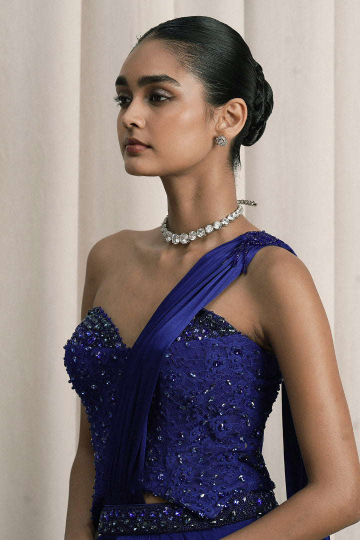 Royal Blue Pre-Draped Cocktail Saree With Chantilly Corset