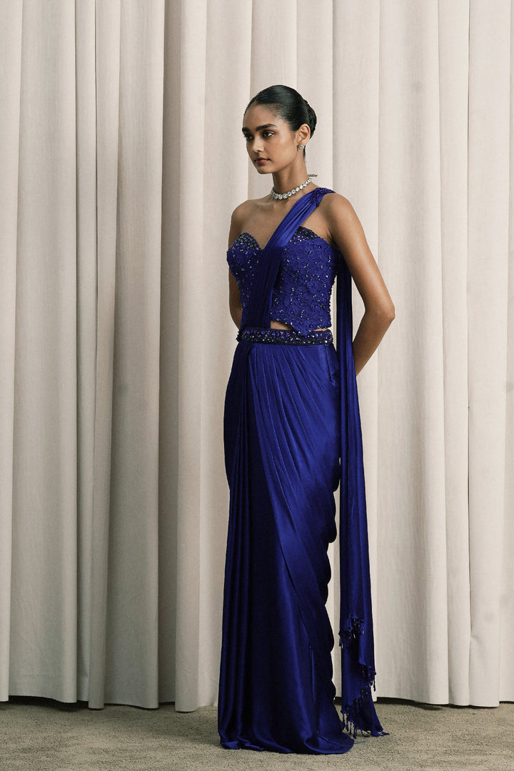 Royal Blue Pre-Draped Cocktail Saree With Chantilly Corset