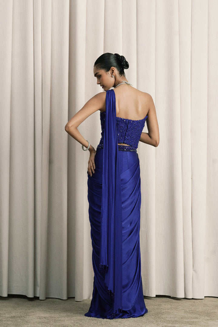 Royal Blue Pre-Draped Cocktail Saree With Chantilly Corset