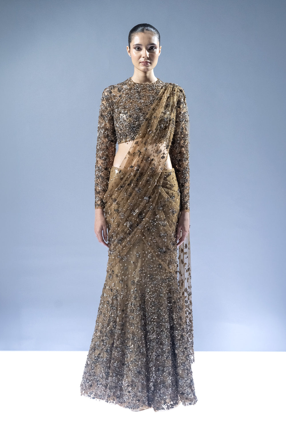 Midnight Ember Drape Saree - Gold