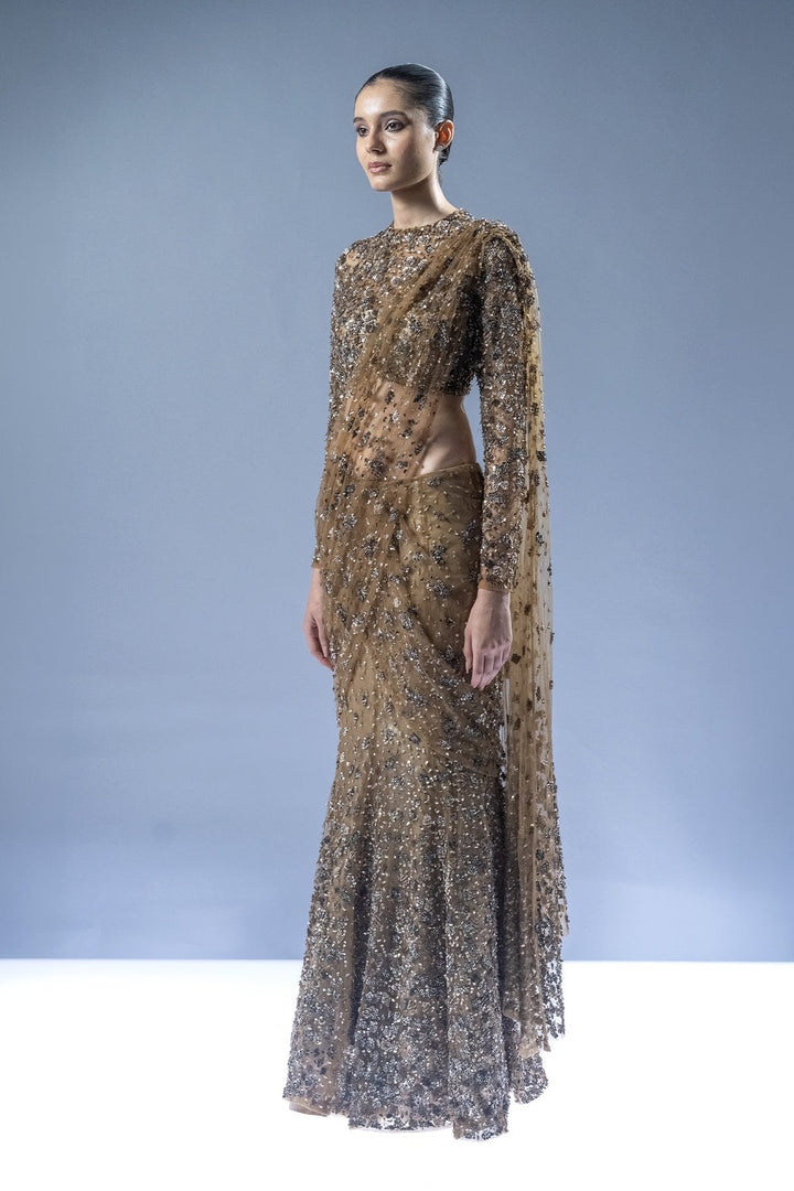 Midnight Ember Drape Saree - Gold