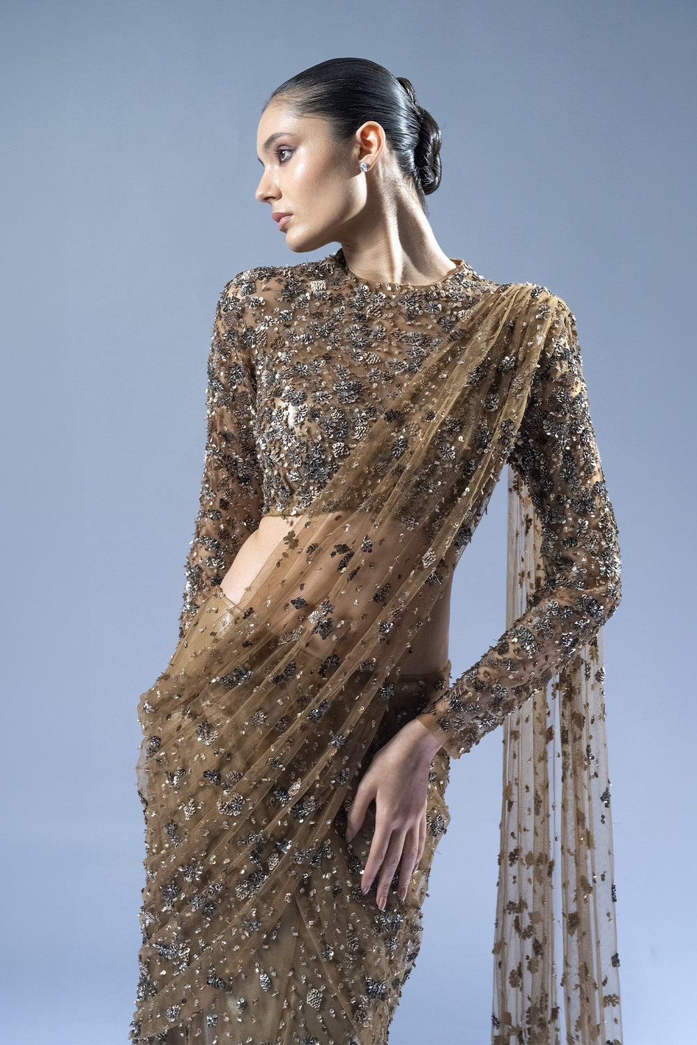 Midnight Ember Drape Saree - Gold