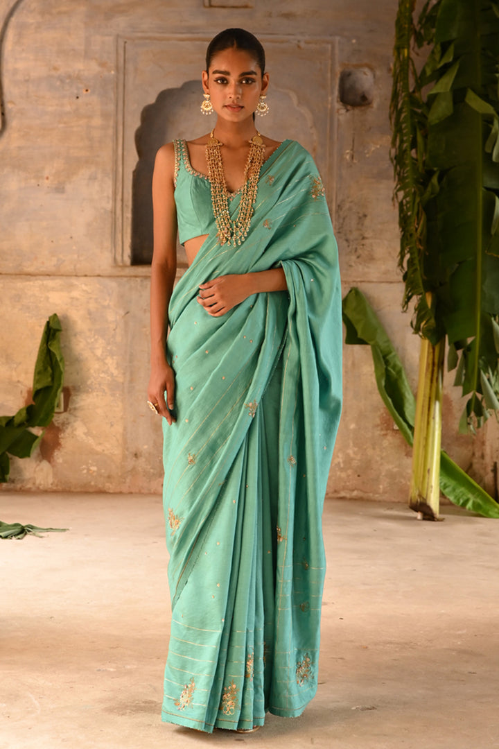 Powder Blue Hand Embroidered Saree