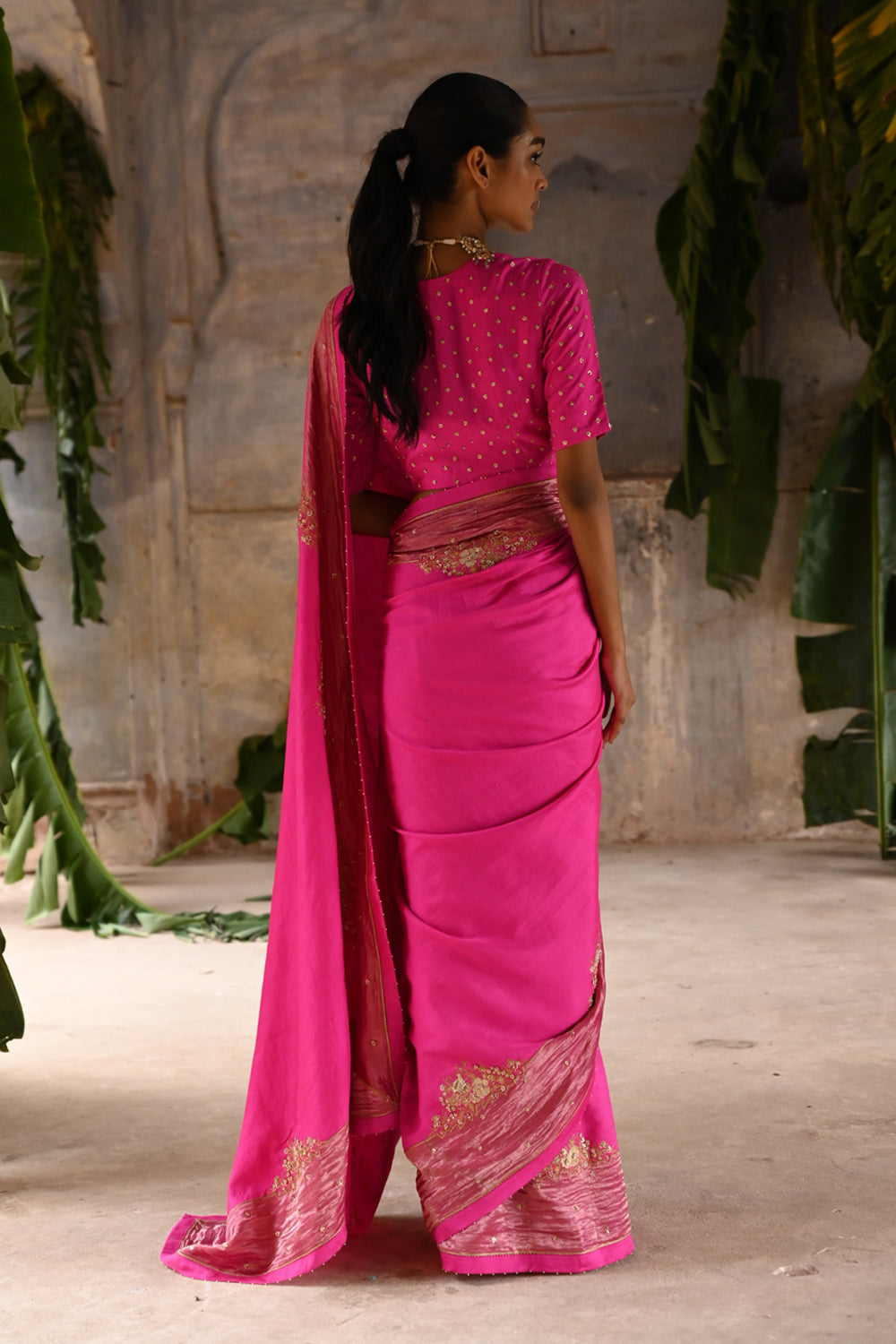 Fuchsia Pink Georgette Saree Set