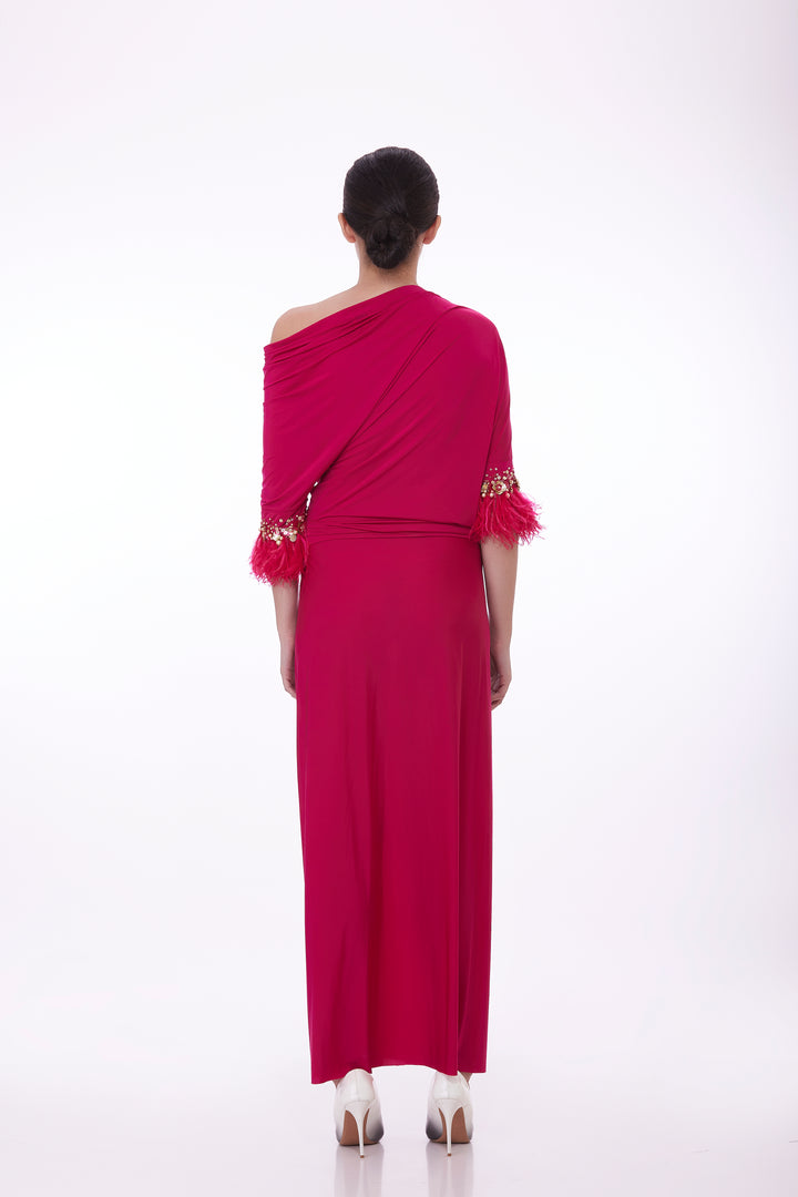 Draped Ruby skirt and top with fringed feathers
