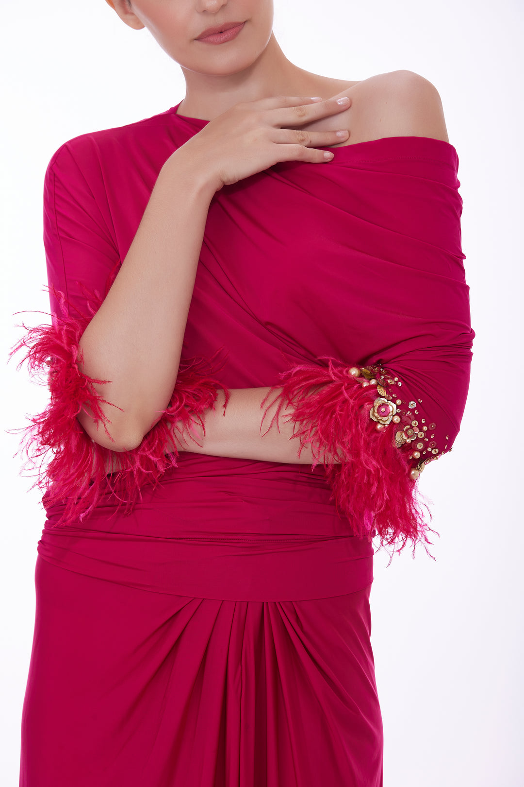 Draped Ruby skirt and top with fringed feathers