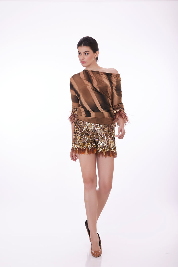 Chocolate Brown tye dye Draped top with fringed feather cuffs