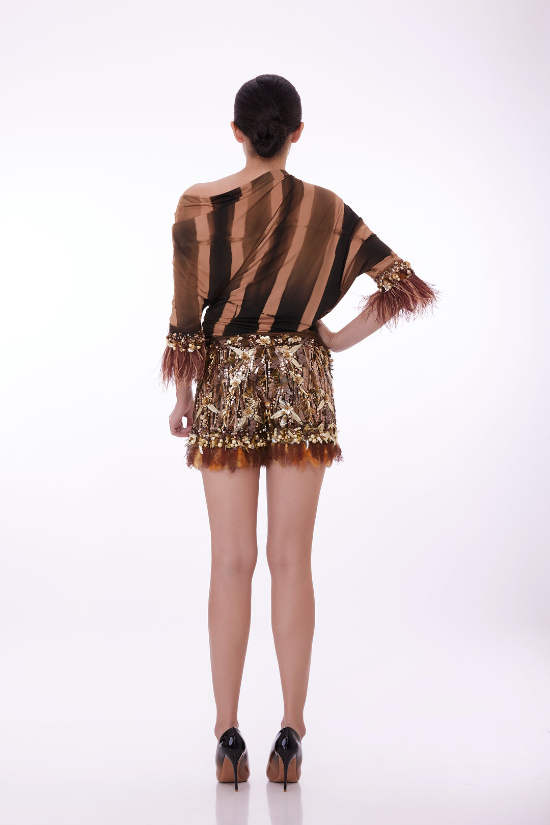 Chocolate Brown tye dye Draped top with fringed feather cuffs