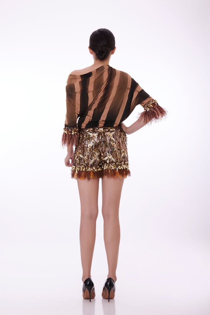 Chocolate Brown sequins/feather tufts shorts