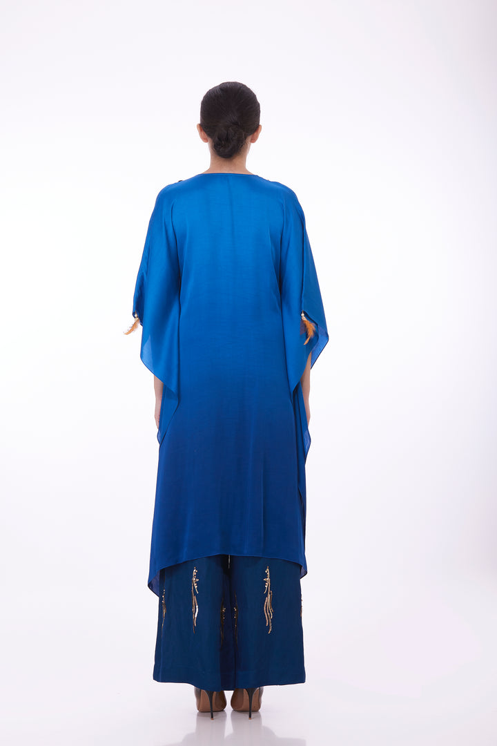Blue shaded Draped satin kaftan with embroidery low neckline