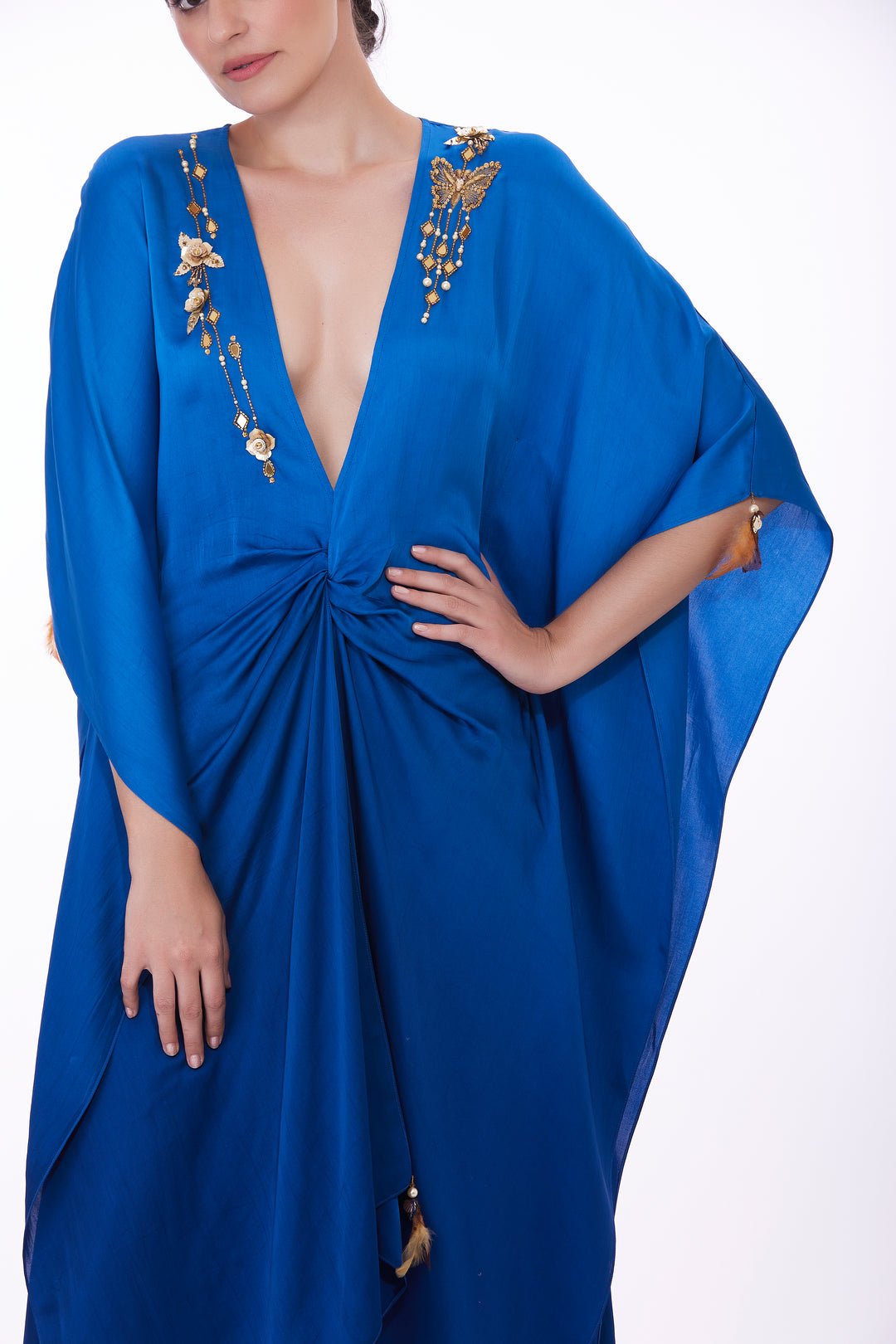 Blue shaded Draped satin kaftan with embroidery low neckline
