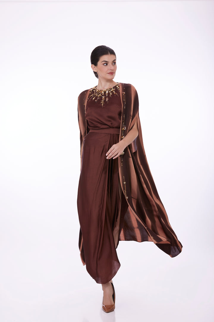Brown tye dye embellished cape, emb top & draped shoot skirt with high slit skirt
