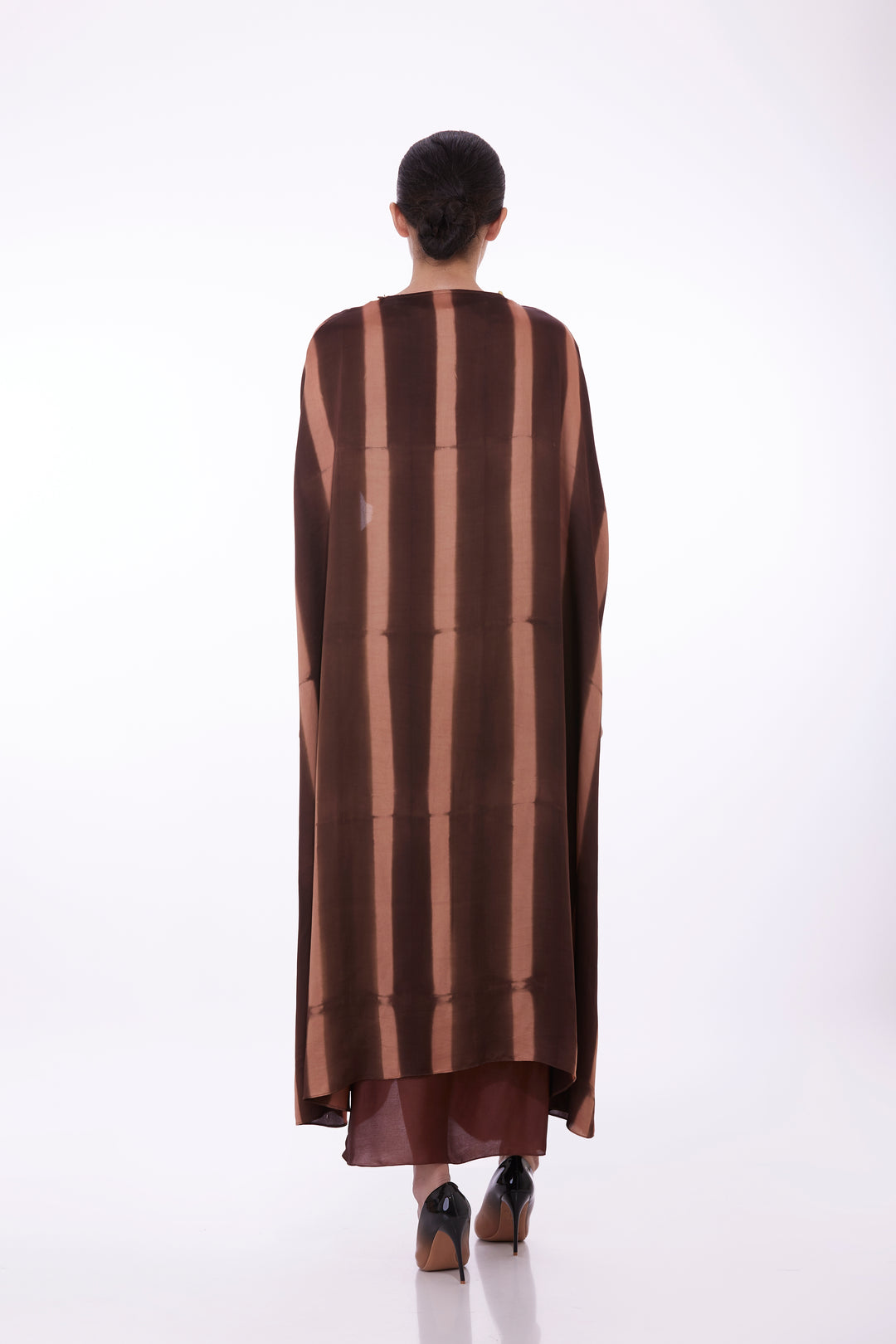 Brown tye dye embellished cape, emb top & draped shoot skirt with high slit skirt