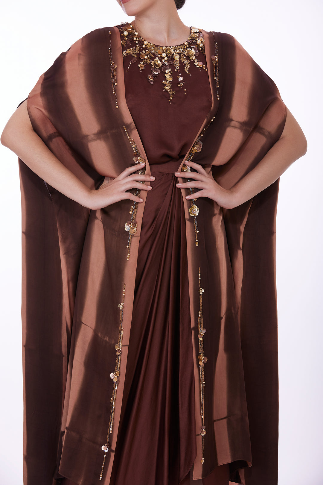 Brown tye dye embellished cape, emb top & draped shoot skirt with high slit skirt