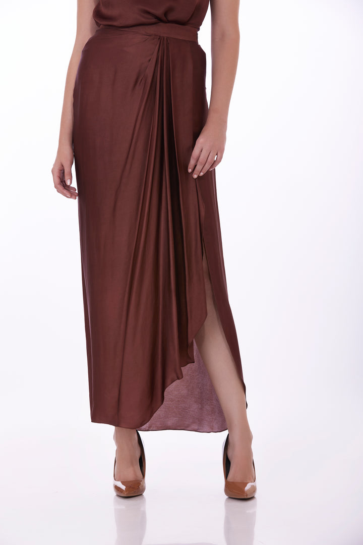 Chocolate Brown draped skirt with high slit