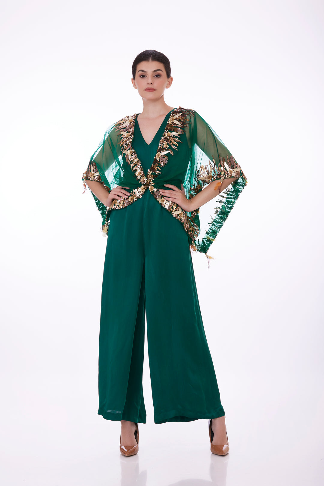 Green sequins net kaftan with jumpsuit