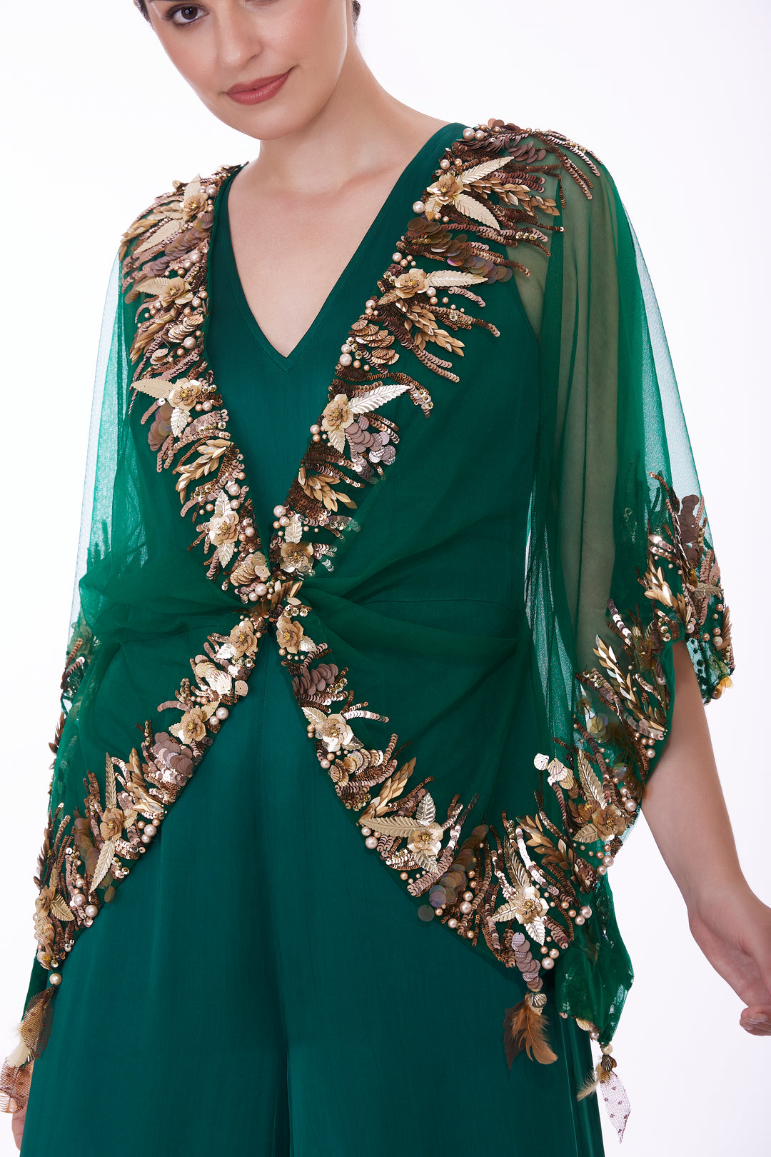 Green sequins net kaftan with jumpsuit