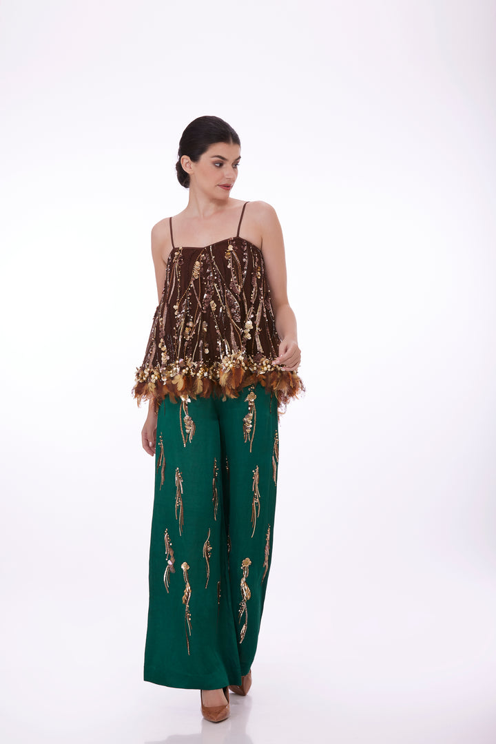 Green sequins drawstring trouser